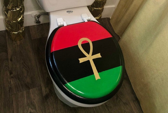 Pan African Gold Ankh Hand Painted Toilet Seat- Bathroom Set- Juneteenth- African Decor- Ankh- Egyptian- African Art- Kwanza- Bathroom Decor