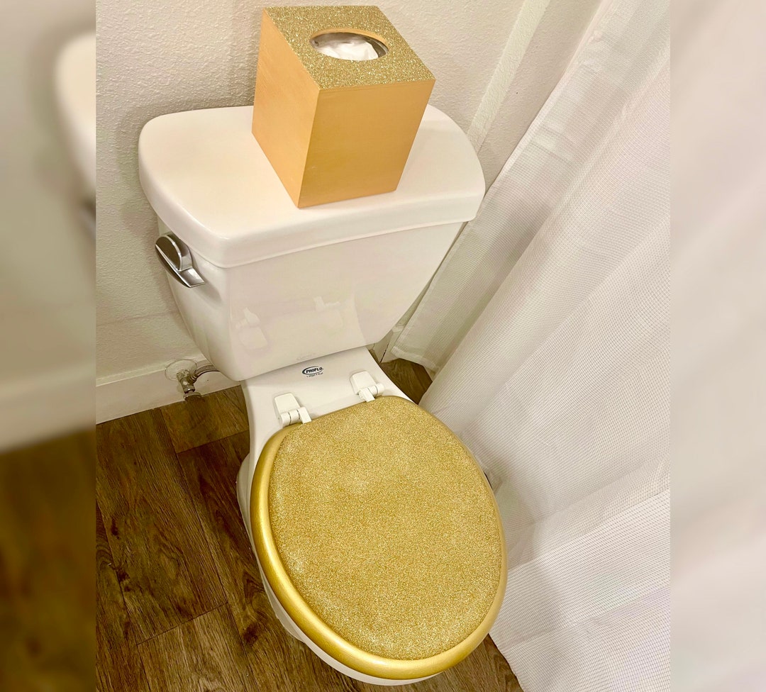 14k Gold & Glitter Hand Painted Toilet Seat Set Bathroom Vanity Wedding Giftsbathroom Decor