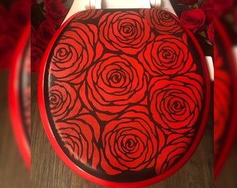 Red Roses Floral Hand Painted Toilet Seat- Family Gifts- Boho Decor- Gifts for Her- Resin Art- Bathroom Decor- Wedding Gifts- Gifts for Her