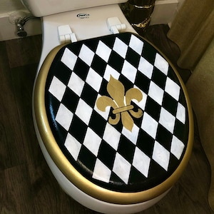 Sedile del WC dipinto a mano con motivo Arlecchino francese - Vintage - Arte da bagno - Regali di nozze - Arte - Decorazioni rustiche - Mobili fatti a mano - Regali per la famiglia