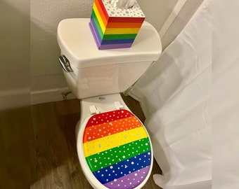 Rainbow & Silver Bling Hand Painted Toilet Seat Set- Rainbow- LGBT- Bathroom Set- Bling Rainbow- Gay Pride- Bathroom Art- Lesbian- Pop Art