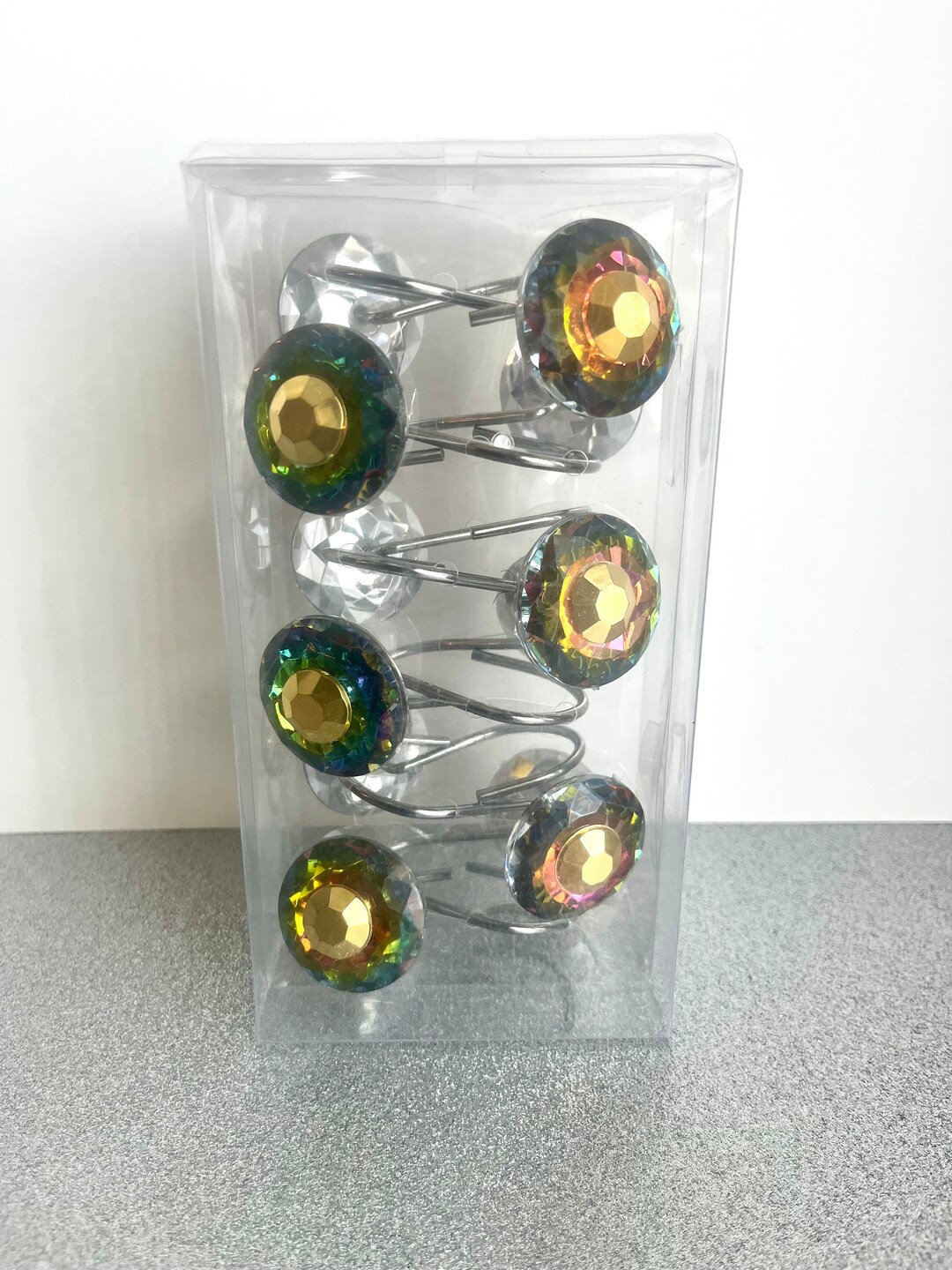 Iridescent & Gold Resin Rhinestone Shower Curtain Hooks- Shower Curtains- Hooks- Bathroom Decor ...