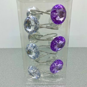 Silver and Purple Crystal Shower Curtain Hooks- Shower Curtains- Hooks- Bathroom Decor- Dorm Room Decor- Unique Decor- Bathroom Accessories