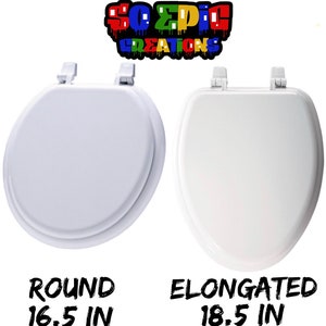 May include: Two white toilet seats are displayed, one round and one elongated. The round seat is 16.5 inches, and the elongated seat is 18.5 inches. The text "SO EPIC CREATIONS" is at the top in a colorful, dripping font. Below the seats, the shapes and sizes are labeled.