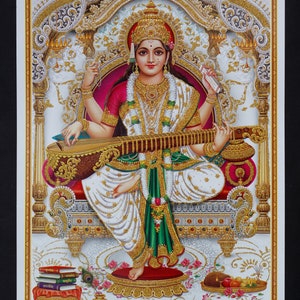 Stampa originale indù (11 x 8,5 pollici) del poster fotografico di Maa Saraswati con finitura lucida - Puja per soggiorno e arredamento indiano