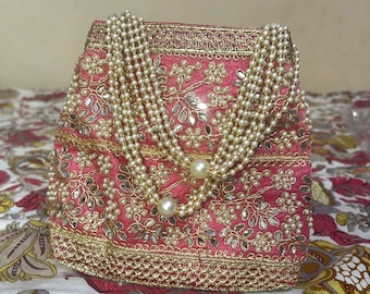 Bolsos para damas de honor / Bolso de mano rosa bordado para boda india / Bolsos potli de novia / Bolso bordado de terciopelo / Bolso potli para boda india /