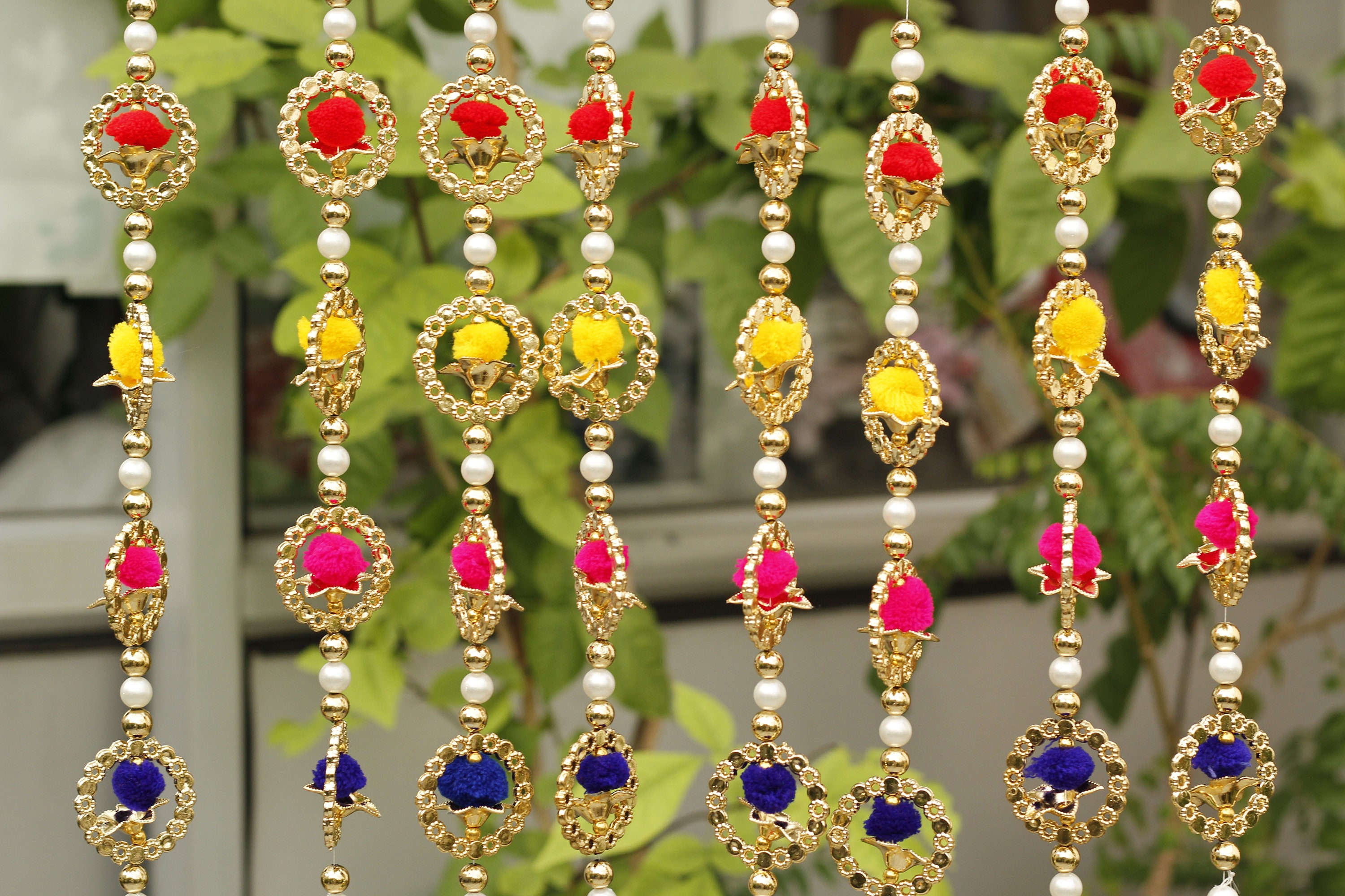 Door Wall Hanging Toran Indian Festival Decoration Bandanwar Garland with Yellow & Blue Pom Pom Traditional hangings for Home Office Temple Parties Festival Theme Décor Decorations (Size:- 38X7