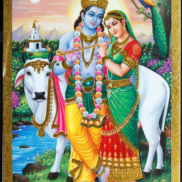 Radha Krishna painting print (7x 5 Inch) traditional Indian painting Shri Radhey raasleela Krishna in Vrindavan
