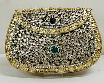 Handmade Kundan Clutch Bag Gem Embellished Evening Purse Bridal Wedding Party Bag Luxury Statement Handbag for Women Gift