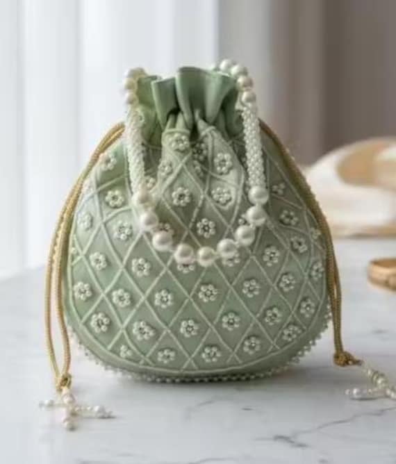 Bridal potli bags Ivory | Velvet Embroidered bag| | Lehenga bag| Indian wedding potli bag | Jhula bag