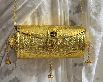 Handmade Brass Clutch Bag: Indian Painted Metal Evening Purse