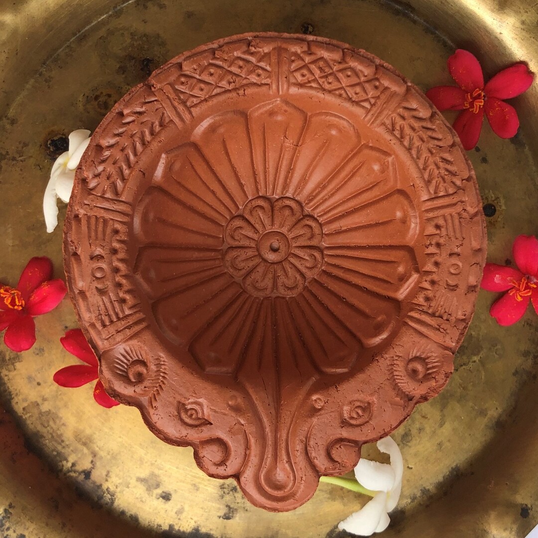 Diyas En Argile Peints à La Main Pour Diwali - Lot De 6, Motif Fleur Ronde Rouge - Décoration Fête, Rangoli, Maison