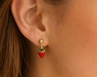 Strawberry Earrings Stud Dangle Fruit Tiny Everyday Gold Filled