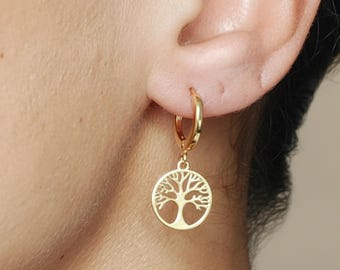 Tree of life earrings,  tiny hoop earrings,  small hoop earrings,  , Tree of life ,  tree earrings gold, 24k gold  filled hoop earrings
