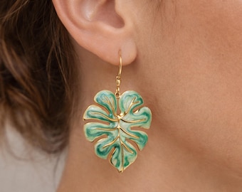 Monstera Leaf Dangle Earrings Gold Filled, Enamel Tropical Earrings, Green Leaf Statement Earrings, Botanical Jewelry Gift