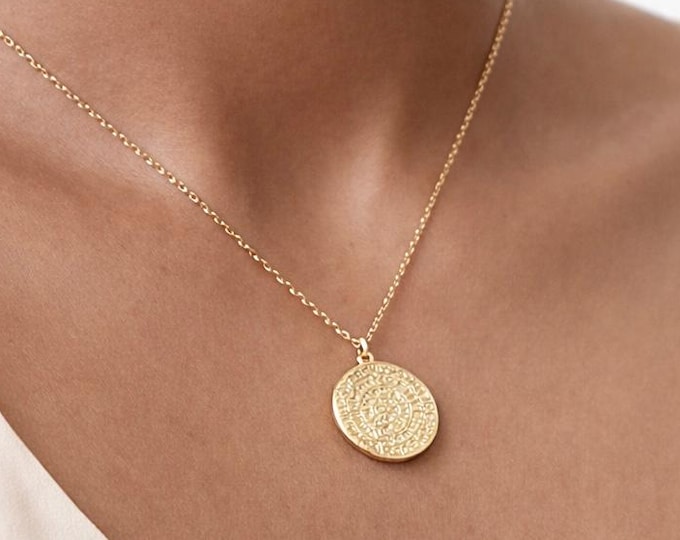 Featured listing image: Phaistos disc necklace , gold necklace , statement necklace,  ancient Grecian necklace ,  Cretan jewelry , Coin necklace , layering necklace