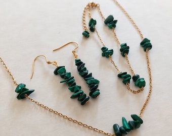 Malachite bracelet necklace and earrings set