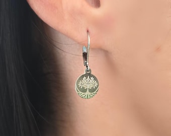 Tree of life earrings , tiny hoop earrings,  small hoop earrings, Tree of life earring hoops , tree of life silver stainless steel earrings