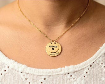 Personalized Gold Filled Mama Double Disc Necklace, Custom Name Jewelry