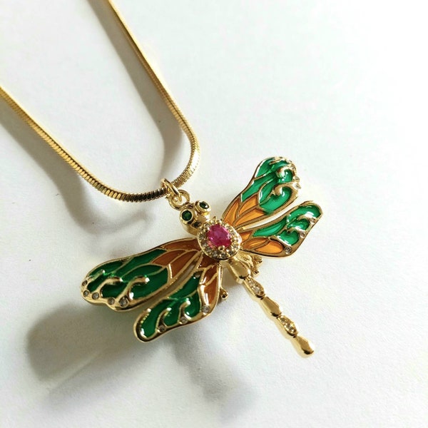 Dragonfly necklace , Colorful dragonfly necklace with cubic zirconia  , micro pave cz dragonfly necklace real gold plated with enamel