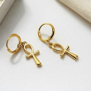 Ankh-oorbellen, kleine oorringen, ankh-oorbellen, Egyptische ankh, ankh-sieraden, ankh-oorbellen goud, 24-karaats met goud gevulde hoepels afbeelding 7