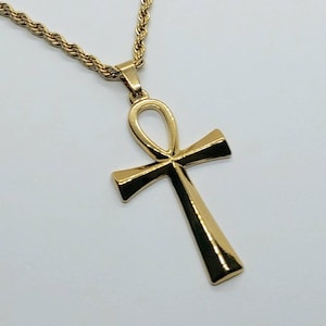 Collar de Ankh egipcio de acero inoxidable con cadena de cuerda, joyería de Ankh egipcio, collar chapado en oro de 24k, cruz egipcia de la vida de 2,5&quot;