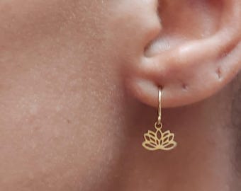 Gold filled Lotus earrings , stainless steel lotus tiny dainty earring hoops , Lotus small earring hoops , wear backwards tiny earring hoops