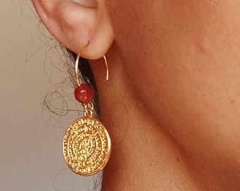 Phaistos disc earrings with carnelian , gold earrings , statement earrings ,  ancient Grecian earrings ,  Cretan jewelry , Coin earrings