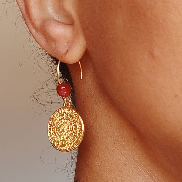 Phaistos disc earrings with carnelian , gold earrings , statement earrings ,  ancient Grecian earrings ,  Cretan jewelry , Coin earrings