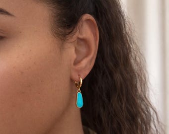 Turquoise earrings ,drop earrings gold ,tiny hoop earrings, teardrop earrings,  gold jewelry,  , 24k gold  plated hoop earrings , aqua hoops