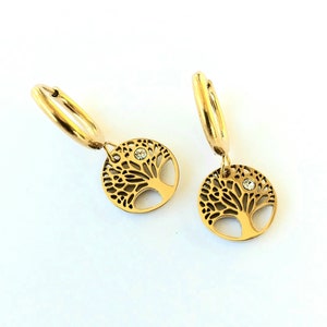 Tree of life earrings with Cubic Zirconia , Gold filled tree of life hoop earrings , Stainless steel Waterproof tree of life earrings