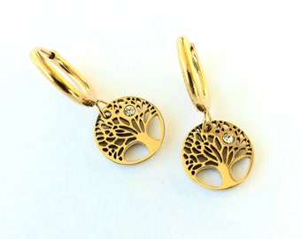 Tree of life earrings with Cubic Zirconia , Gold filled tree of life hoop earrings , Stainless steel Waterproof tree of life earrings