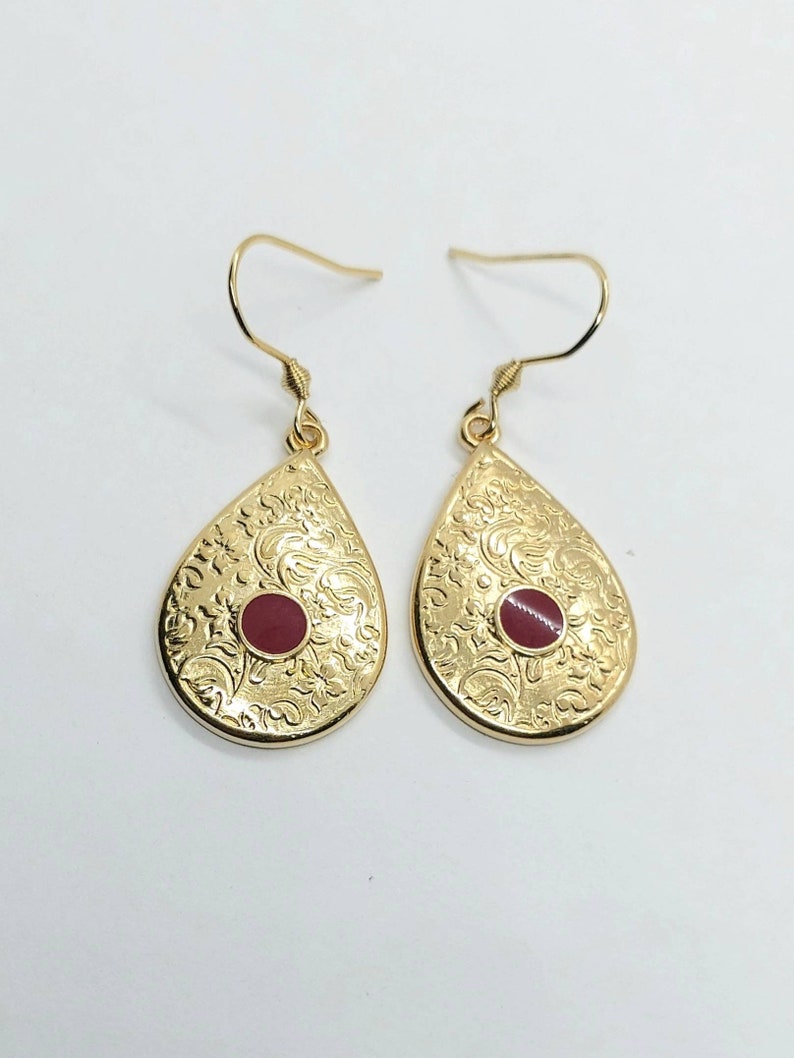 teardrop gold and red drop earrings dangle earrings gold drop earrings with red enamel teardrop earrings Drop earrings ethnic