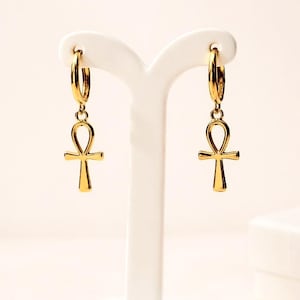 Ankh-oorbellen, kleine oorringen, ankh-oorbellen, Egyptische ankh, ankh-sieraden, ankh-oorbellen goud, 24-karaats met goud gevulde hoepels afbeelding 6