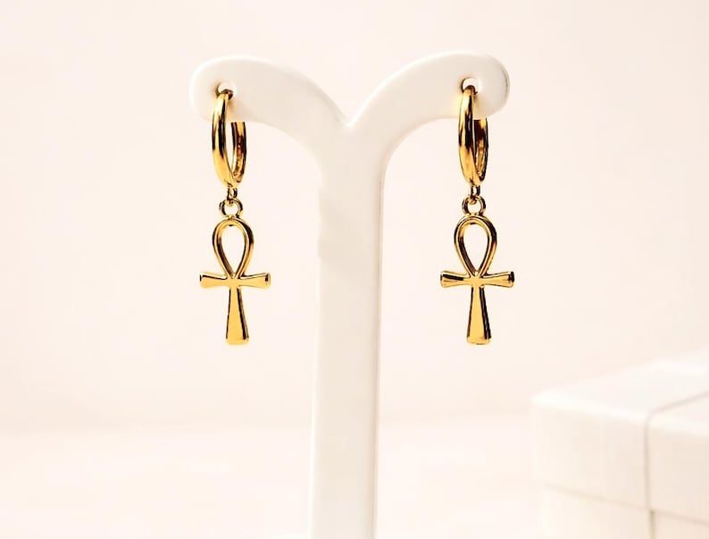 Ankh-oorbellen, kleine oorringen, ankh-oorbellen, Egyptische ankh, ankh-sieraden, ankh-oorbellen goud, 24-karaats met goud gevulde hoepels afbeelding 6