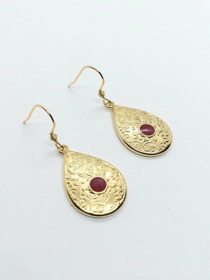 teardrop gold and red drop earrings dangle earrings gold drop earrings with red enamel teardrop earrings Drop earrings ethnic