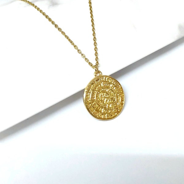 Phaistos disc necklace , gold necklace , statement necklace,  ancient Grecian necklace ,  Cretan jewelry , Coin necklace , layering necklace