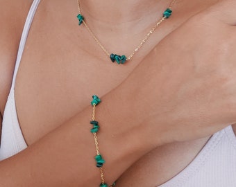 Malachite bracelet with gold filled chain waterproof , Healing bracelet heart and throat Chakra , Malachite necklace and earrings set