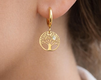 Tree of Life Hoop Earrings Gold Filled – CZ Dangle Earrings – Spiritual Gold Earrings – Nature Jewelry Gift for Her