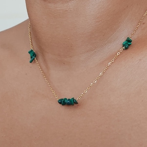 Malachite necklace with gold filled chain waterproof, Healing bracelet heart and throat Chakra, Malachite necklace bracelet and earrings set