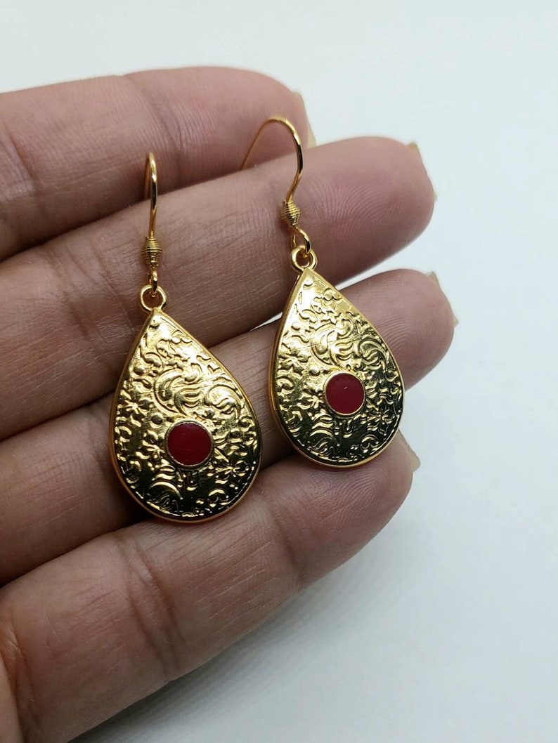 teardrop gold and red drop earrings dangle earrings gold drop earrings with red enamel teardrop earrings Drop earrings ethnic