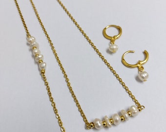 Real pearl jewelry set , pearl earrings , pearl necklace , pearl bracelet , raw pearl jewelry , gift for mom , Christmas gift , gold chain