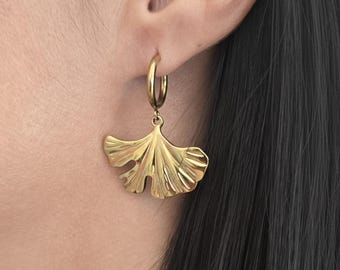 Ginkgo Biloba Hoop Earrings – Gold Filled Stainless Steel Earrings, Botanical Leaf Jewelry, Waterproof Tarnish Free Gift for Plant Lovers