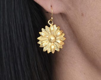 Gold Sunflower Drop Earrings – Minimal Floral Dangle Earrings, 14k Gold Filled Flower Earrings, Everyday Botanical Jewelry Gift