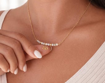 Jade Necklace – Dainty Gold Filled Lotus Charm Necklace, Minimalist Jade Beaded Necklace, Simple Spiritual Jewelry Gift for Her, Mom Gift