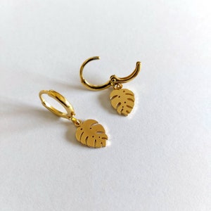 Monstera earrings , monstera deliciosa earrings , leaf hoop earrings , montera adansonii earrings , gold plated earrings, plant earrings