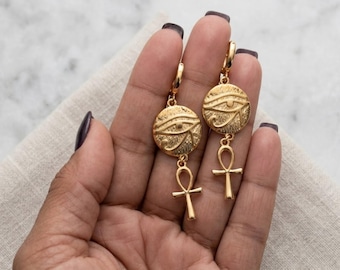 Ankh  and eye of  Ra earrings, ankh hoop earrings,  Egyptian earrings , ankh and Ra jewelry,  ankh earrings gold, 24k gold  filled earrings