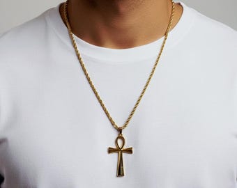 Egyptian ankh  necklace stainless steel with rope chain, Egyptian ankh jewelry , 24k gold filled necklace,  Egyptian cross of life 2.5"