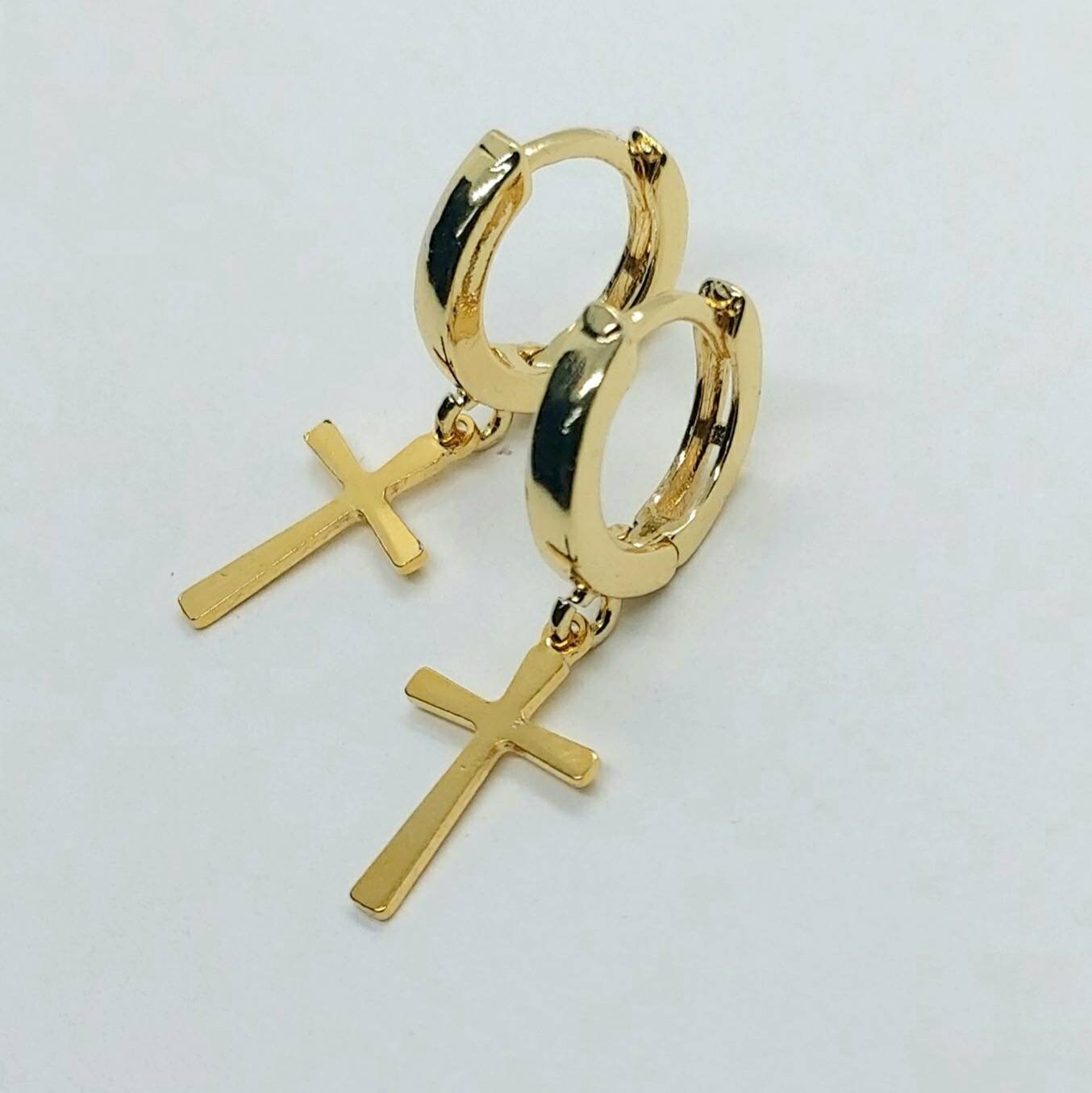 Small hoop earrings with cross 24K gold filled earrings Etsy