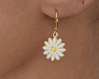 Stainless steel Daisy earrings gold filled enamel hand painted , Floral earrings gift for her , Flower girl earrings